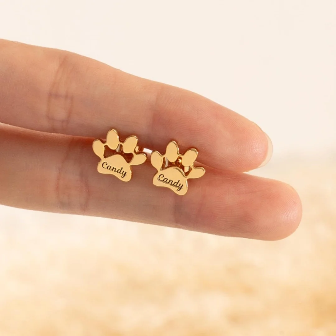1 Pair Cute Dog Paw Earrings Women Stainless Steel Name Earrings Personalized Gold Stud Earrings Dog Mom Jewelry Christmas Gift
