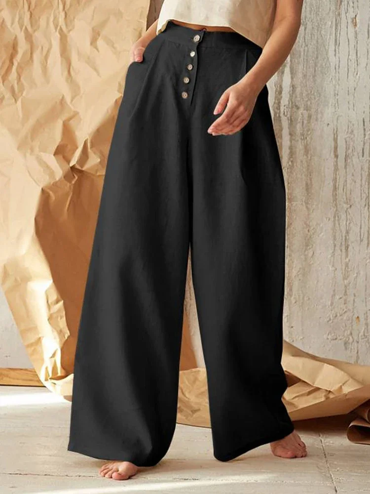 Ladies Solid Cotton Linen  Trouser Women Fashion Baggy Wide Leg Flared Pants Clothing For Female 2023