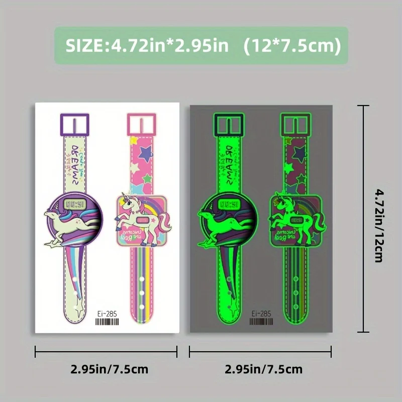 [Clearance] 6 sheets of glow-in-the-dark watch tattoo stickers - unicorn, dinosaur, princess, animal style. Wrist watch temporar