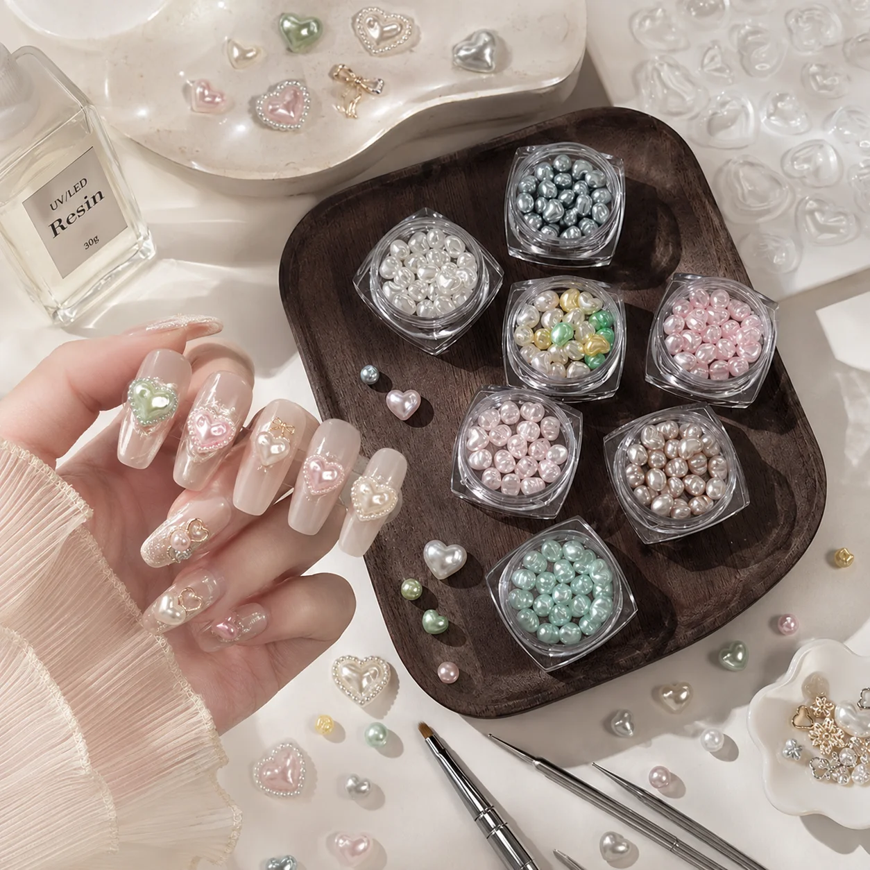 20Pcs/Box Irregular Heart Baroque Pearl Nail Charms High Gloss Love Shape Imitation Pearls INS Style DIY Manicure Decor Nail Sal