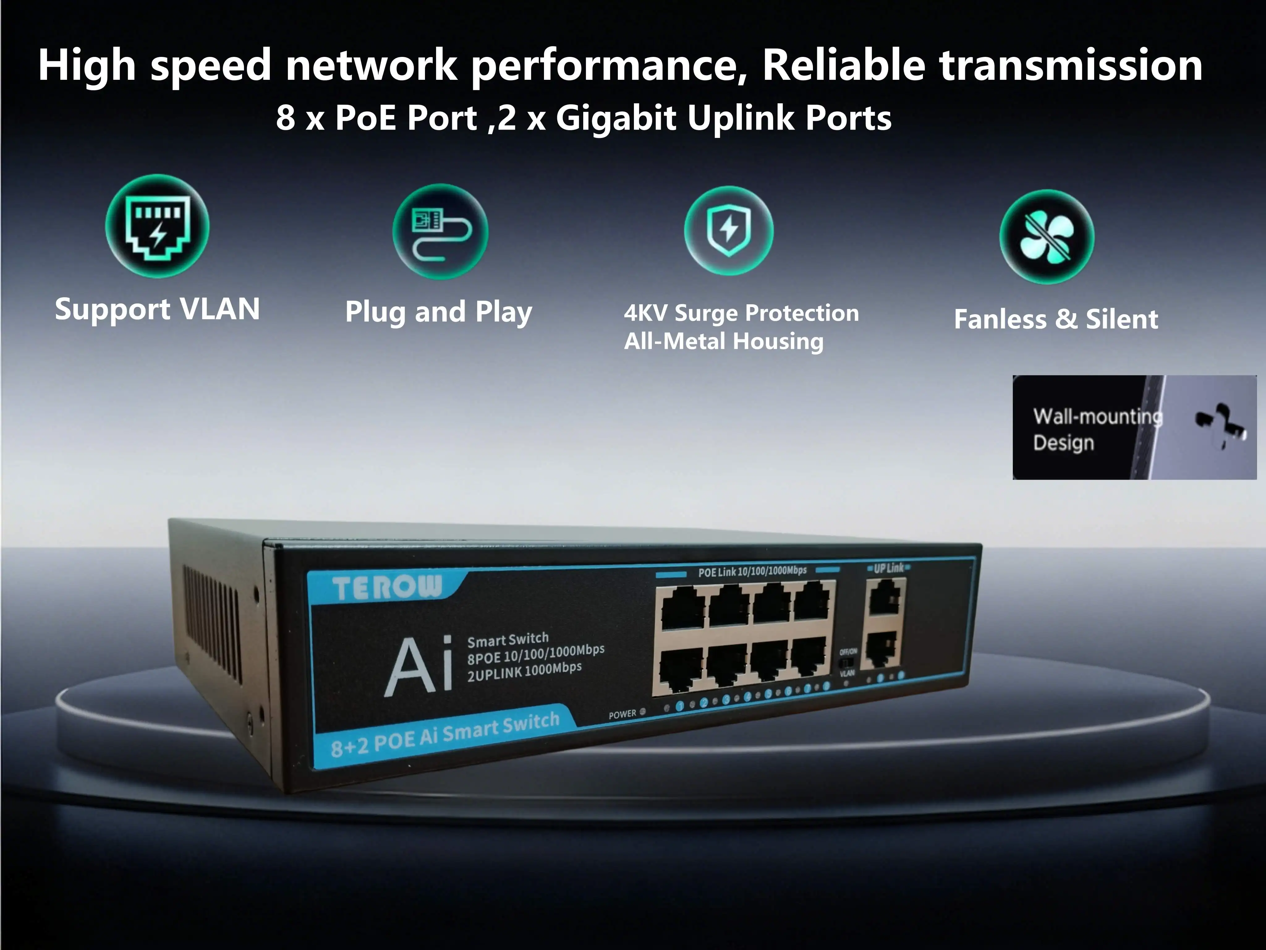 TEROW 10 Port Gigabit PoE Ethernet Switch,10/100/1000Mbps 8-PoE+ Port and 2-RJ45 Uplink Switch Vlan Hub for Office and Home