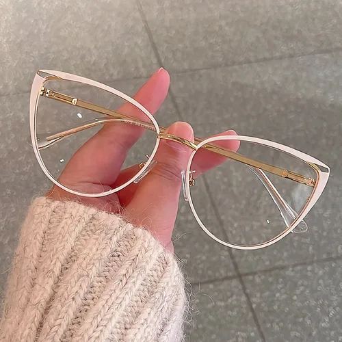 Imagen 2 del producto Espejo plano de ojo de gato de Metal, gafas de protección contra luz azul con pierna de primavera para mujer, montura de gafas con bola con apertura pintada de moda y moderna