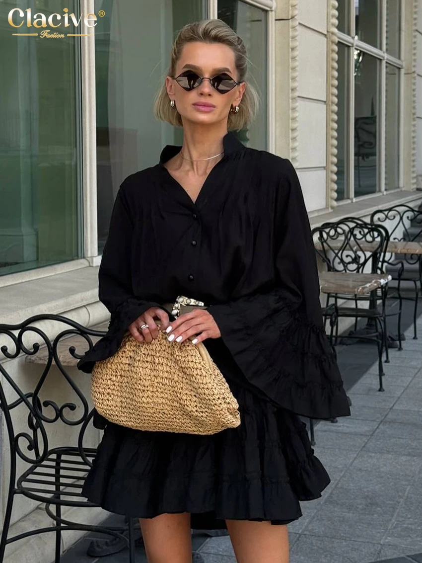 

Clacive Fashion Loose Black Women's Dress 2025 Casual Stand Collar Long Sleeve Mini Dresses Elegant Classic Pleated Female Dress