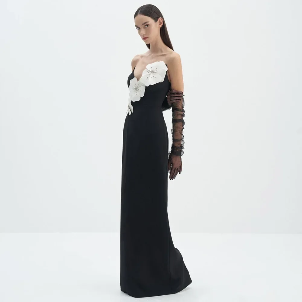 2024 Spring Summer Black Tubular Top New Flower Core Split Shoulder Design Long Dress Women's Dress