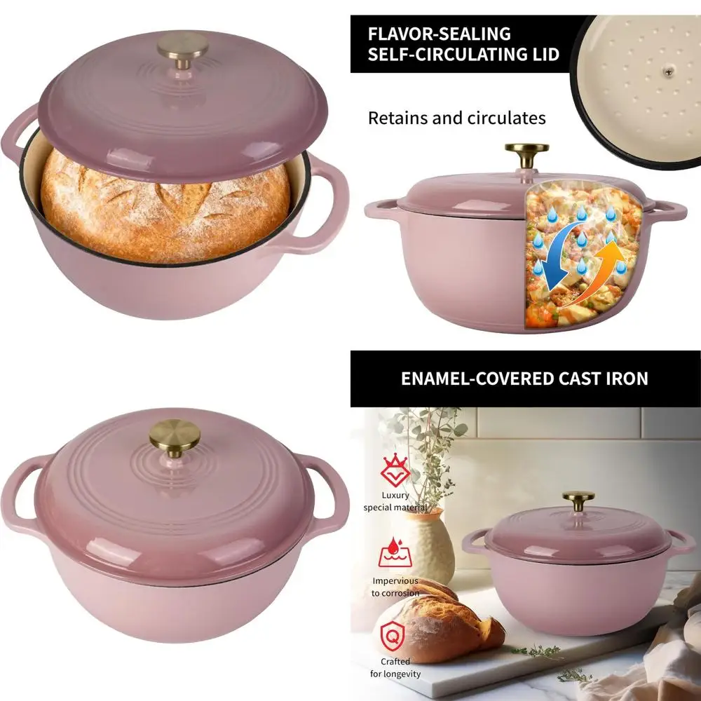 

Enameled Cast Iron Dutch Oven, 5.5 QT Non-Stick Oval, Ideal for Sourdough and Artisan Breads (Round Pink)