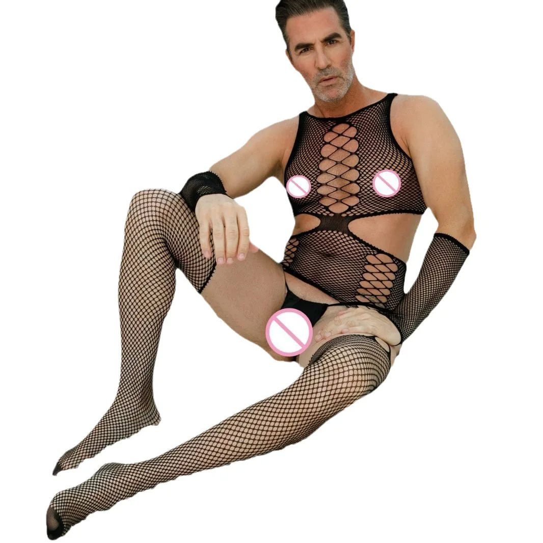 Мужской сексуальный сетчатый комбинезон, сексуальные чулки