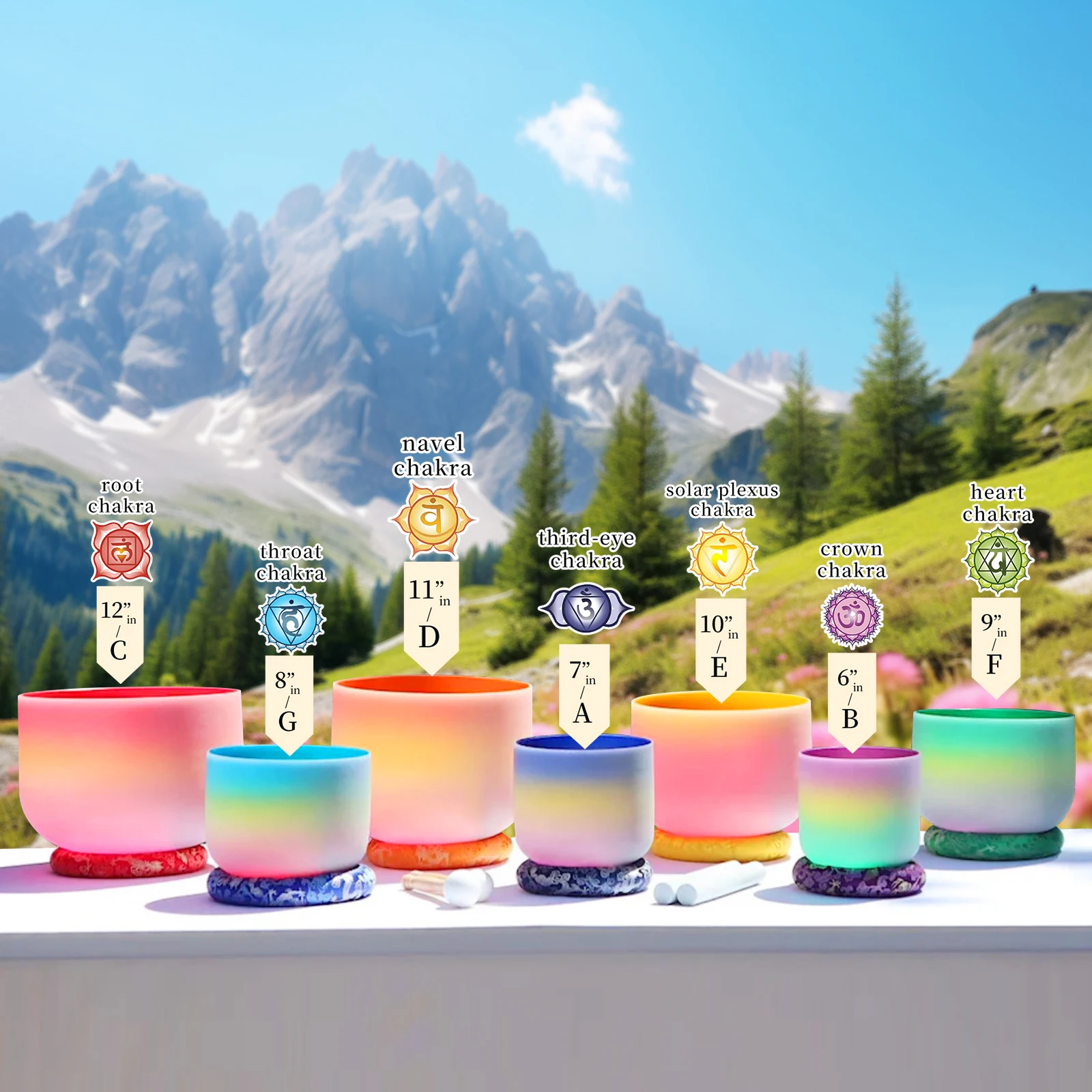 YUN QI QING YIN 7 Pieces 6-12 Inch Rainbow Frosted Chakra Quartz Singing Bowl Set 432Hz 440Hz Available Complete With Silk Cushion Rings And Protective Bag Yoga Sound Therapy