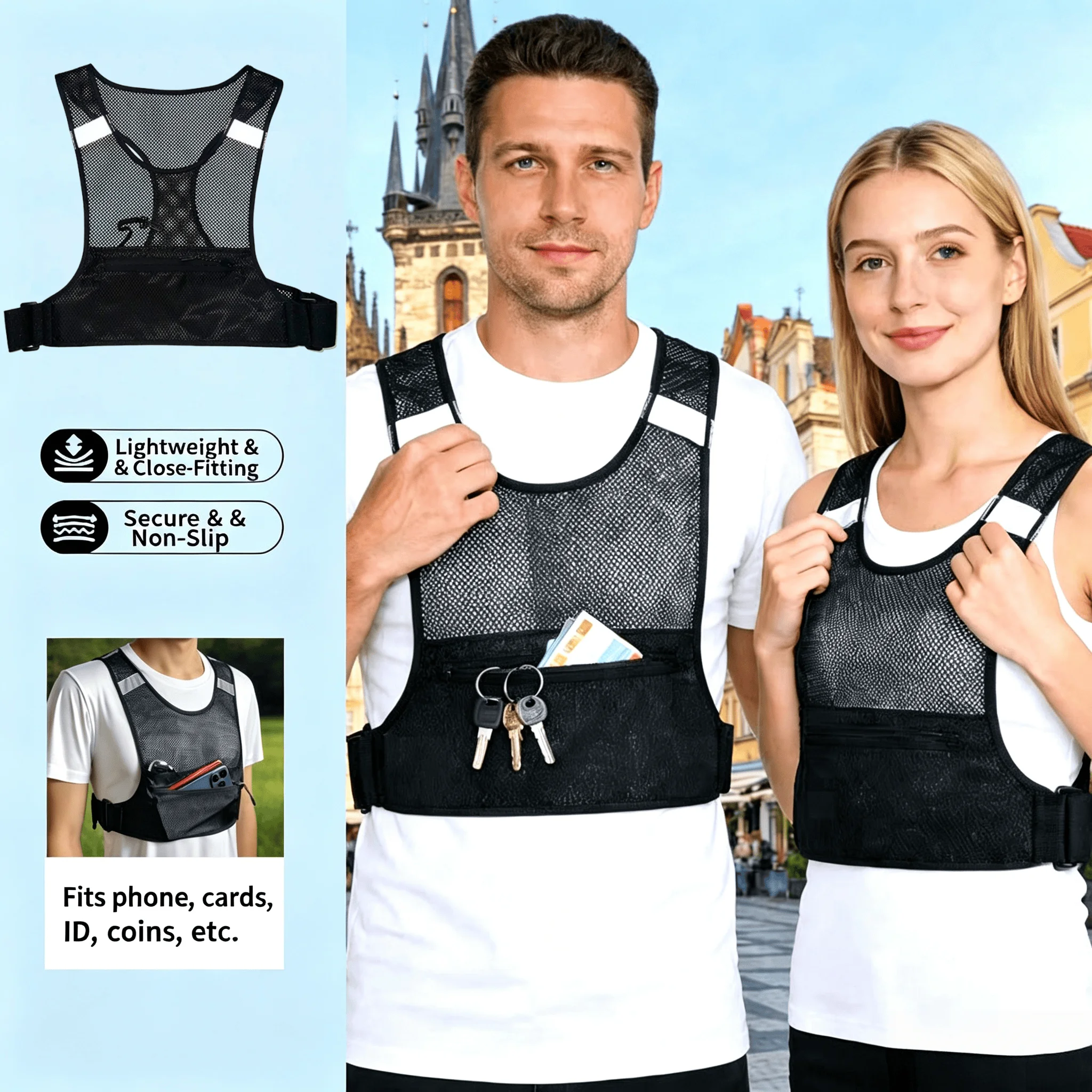 Reflective Outdoor Sports Vest Breathable Running Chest Bag for Cycling Mountaineering Fitness Exercise - Adjustable Sports Back