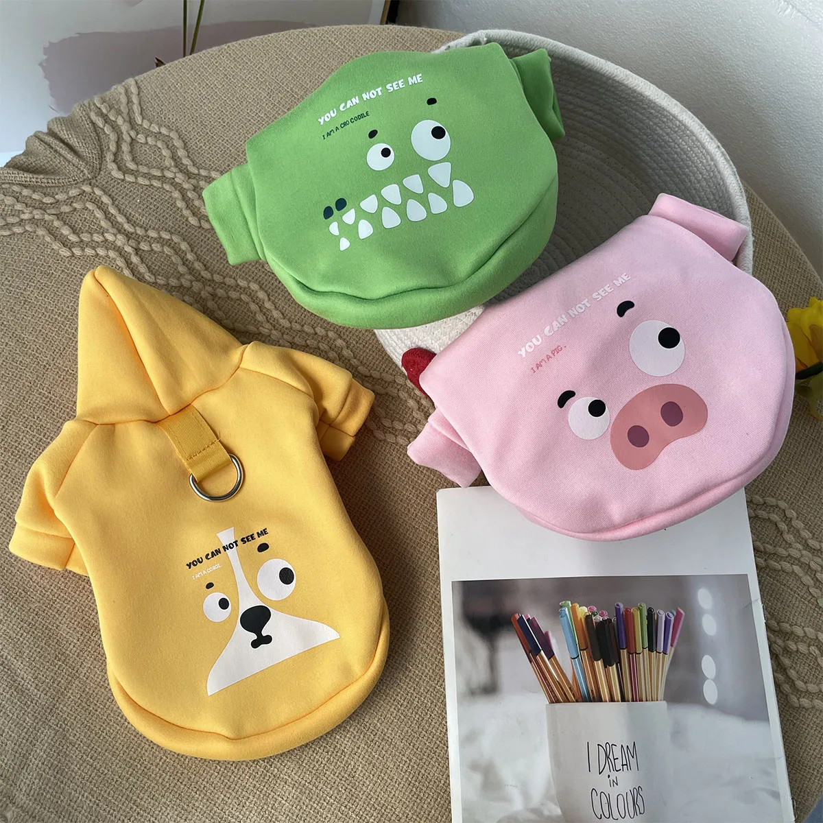 Autumn and Winter Pet Clothes Dog Milk Silk with Velvet Hat Pullover Cartoon Sweater Cat and Dog Strap Pulling Rope Loop Buckle