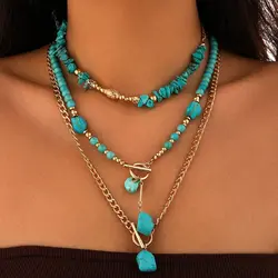 KunJoe 3Pcs Vintage Blue Natural Stone Beads Choker Necklaces for Women Bohemia Geometry Pendant Necklace Trendy Neck Jewelry