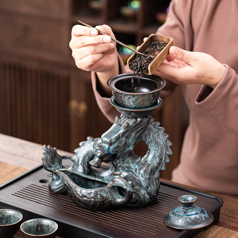 1 Set of Rotating Teapot, Ceramic Kiln-Transformed Phoenix-Shaped Teapot Set, Semi-Automatic Tea Set, Lazy Person's Kung Fu Tea Set, Integrated Coffee and Beverage Utensils, Novelty Tea Gift