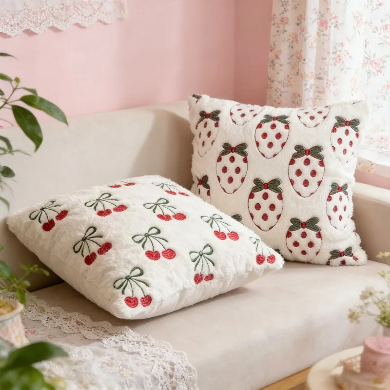 Fashion Cherry Strawberry Embroidered Plush Cushion Cover Soft Velvety Pillow Case for Cozy Home Decor Living Room Pillow Covers