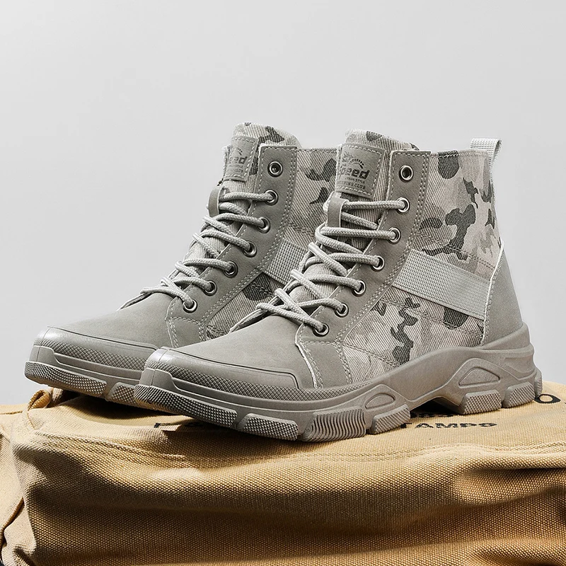 Bottes de combat vintage camouflage pour hommes, résistantes à l'usure et absorbant les chocs, pour le trekking, les voyages et la construction
