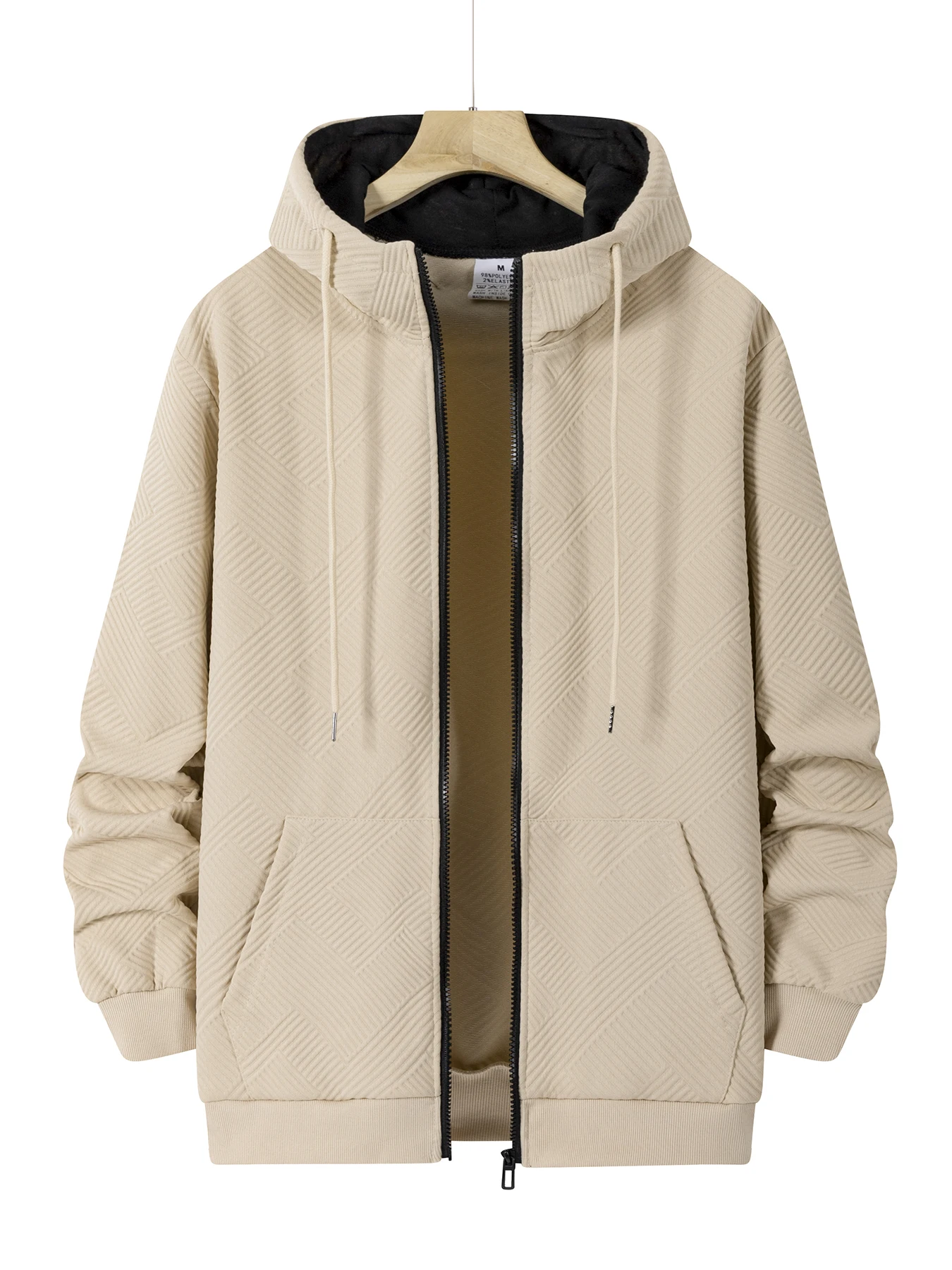 Men's Hooded Jacket Casual Full Zip Hooded Coat Geometric Texture With Pocket Autumn And Winter Casual Daily Wear
