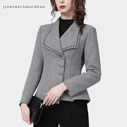 French Style Women Long Sleeve Grey Woolen Blazer Elegant Slim Short Vintage Embroidery Coat Fashion Working Casual Jackets