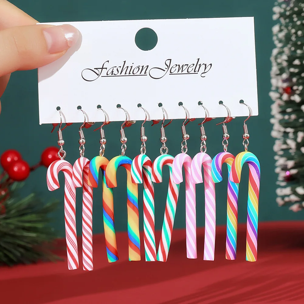 10pcs New Rainbow Candy Christmas Candy Cane Hook Earring Set Spiral Striped Multicolor Festival Party Ear Jewelry