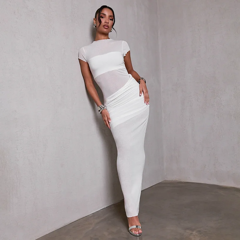 Women's summer dress trend 2025 new in white long dresses Simple Elegant party Casual bodycon Short-sleeved Pleated patchwork
