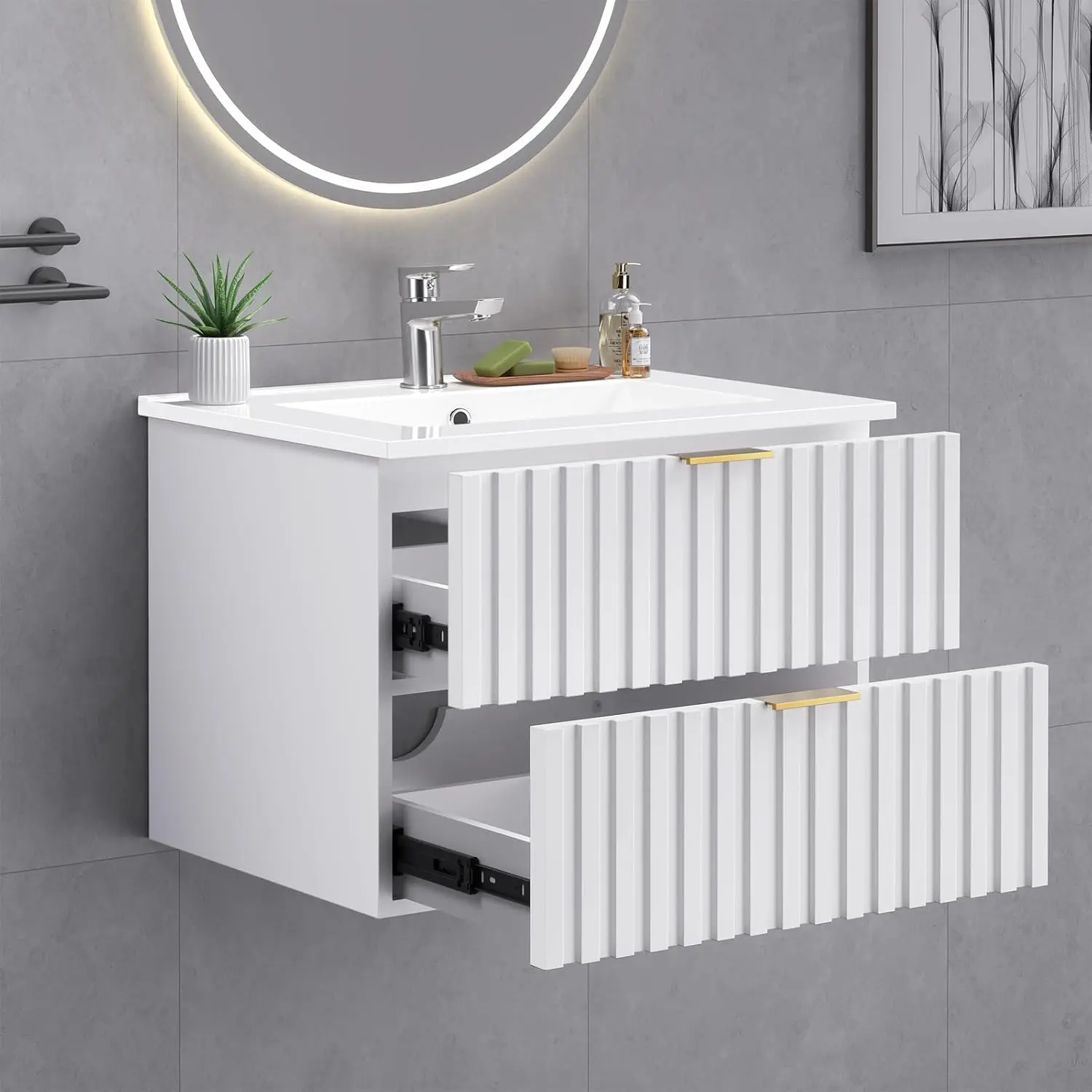 24 Inch Bathroom Vanity with Sink Combo,Floating Bathroom Vanity with 2 Fluted Drawer,Metal Handles, Wall Mount Bathroom Cabinet