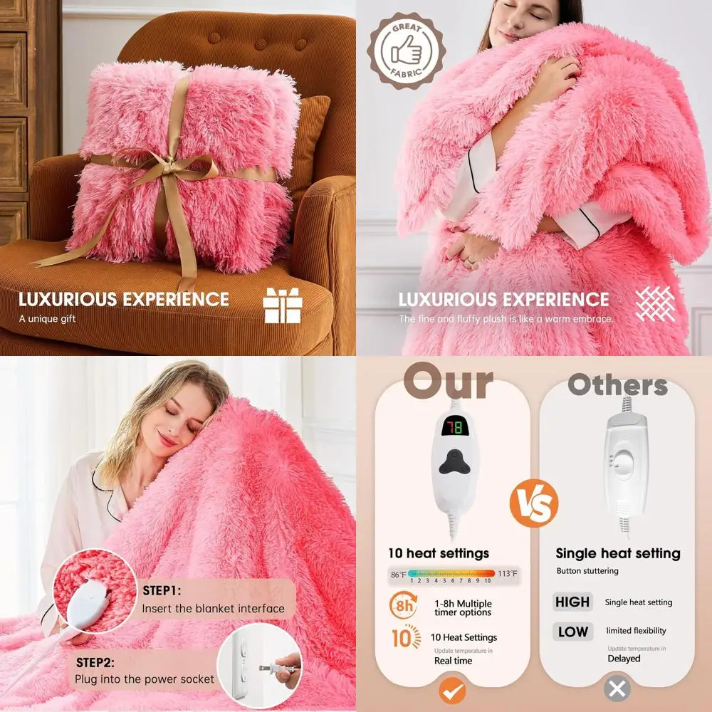 

Twin Size Electric Blanket for Women - Pink Faux Fur & Sherpa, 10 Heat & 5 Timer Options, 62x84