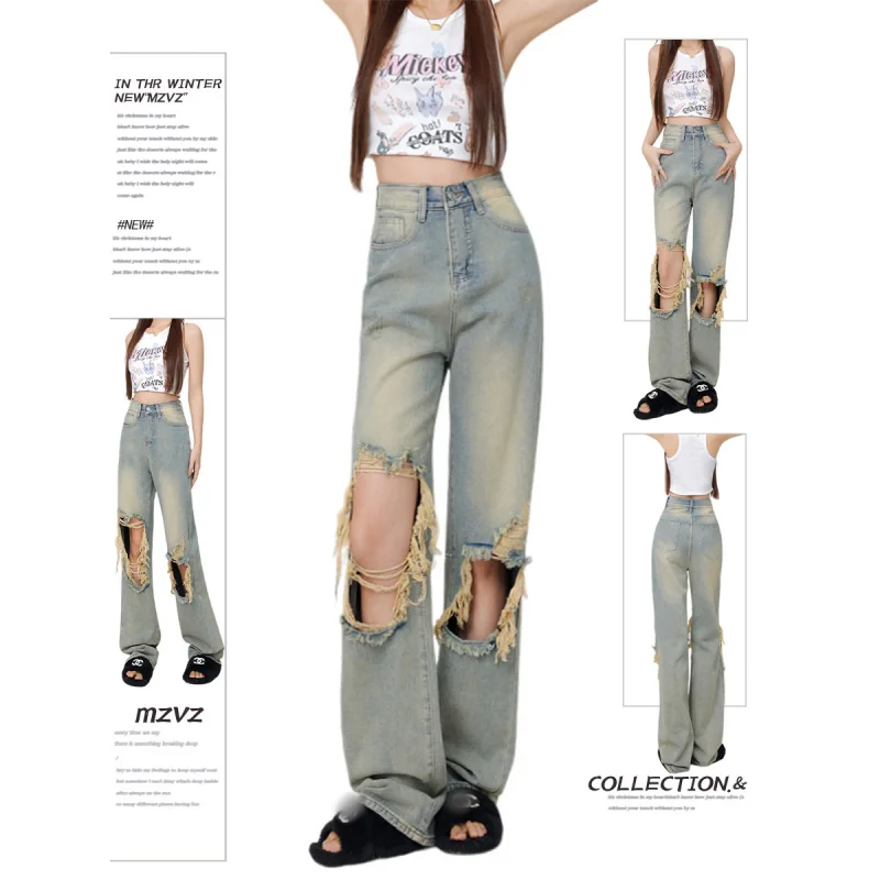 

Worn-out Style Blue Womens Jeans High Waist Straight Baggy Denim Pants American Korean Fashion Y2K Female Wide Leg Denim Trouser