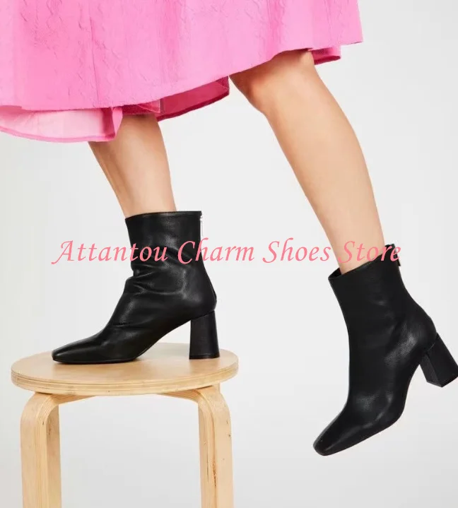 Candy Color Chunky Heel Woman Leather Ankle Boots Fashion Thick Heel Short Boots Lady Large Size Dress Party Shoes