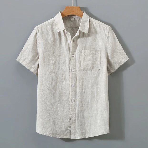 

Pure Color Linen Shirt Men's Short Sleeve Summer Breathable Thin Casual Loose Top Vintage Style Youth Fashion Cotton 50% Line...