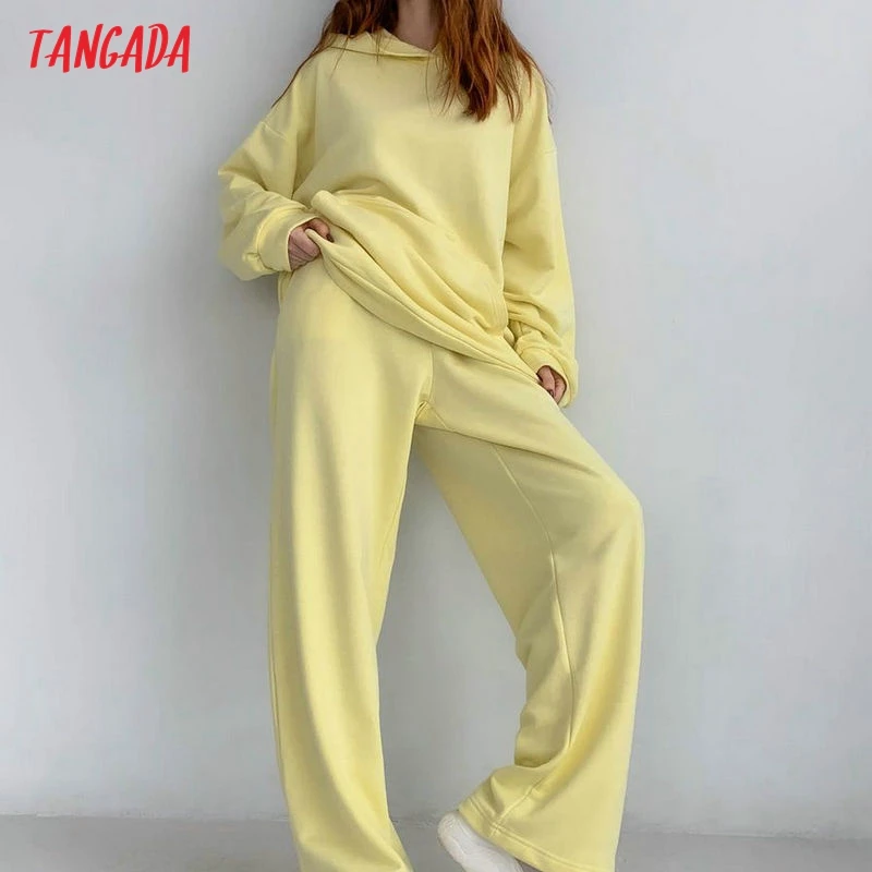 Tangada Women Tracksuit Sets Yellow Oversized Sweatshirt Hoodies Cotton Suit 2 Pieces Sets Hood Tops and Pants 6L39