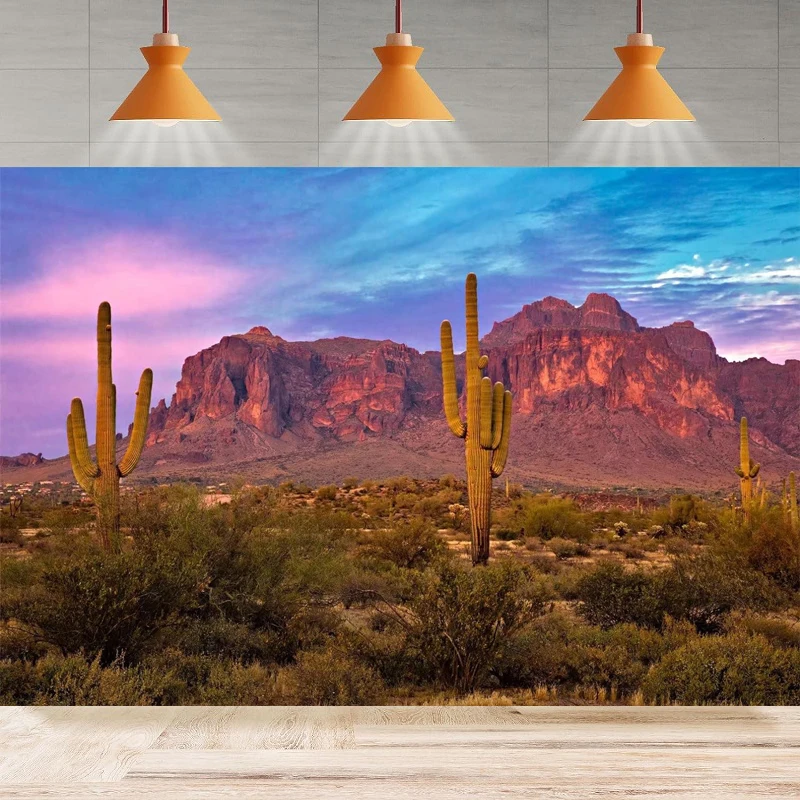 Arizona Desert Photography Background Blue Sky Sand Dunes Prickly Cactus Saguaro Wilderness Mountain Party Backdrop Wall Banner