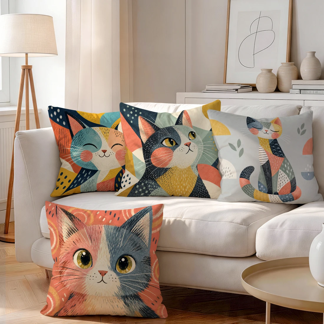 Hand Drawn Art Style Geometric Cat Cushions Pillowcase Polyester Cushion Cover Throw Pillow Pillowcover Home Car Sofa Decor
