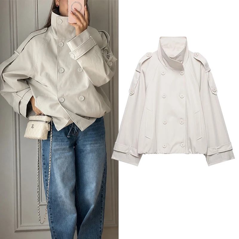 Women Stand Collar Double Breasted Trench Coat Long Sleeve Oversized Fit Shoulder Epaulet Outerwear Fashion