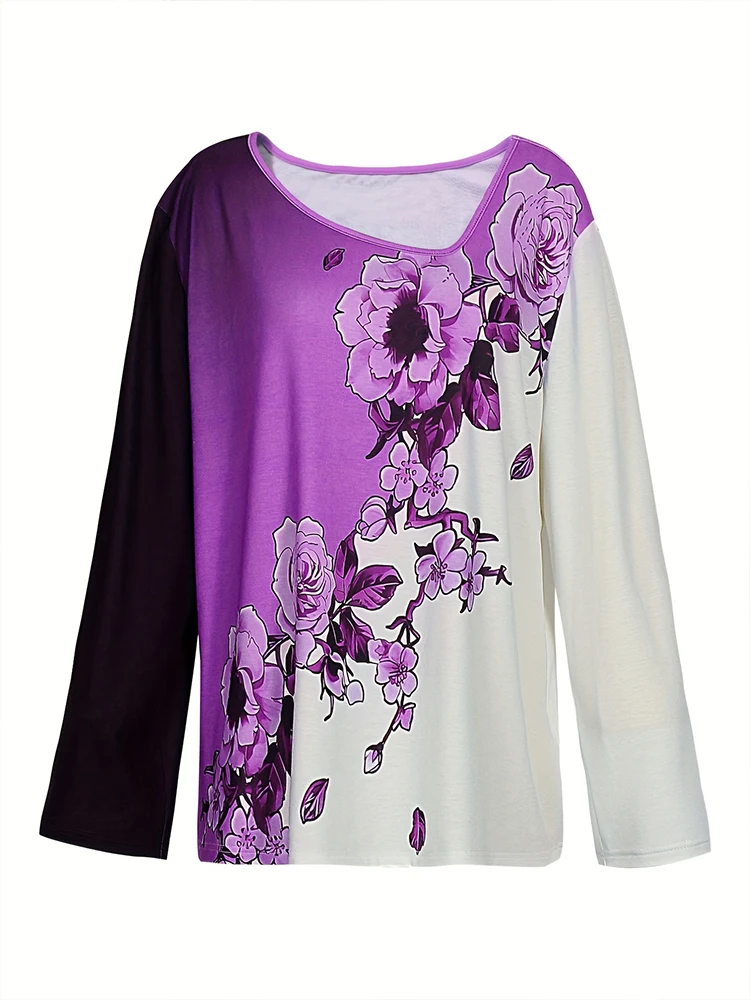 Plus Size Women Color Block Blue Rose Floral 3/4 Sleeve Tops Irregular Neck Loose Casual Vintage Bohemian Daily Ladies Blouses view 6
