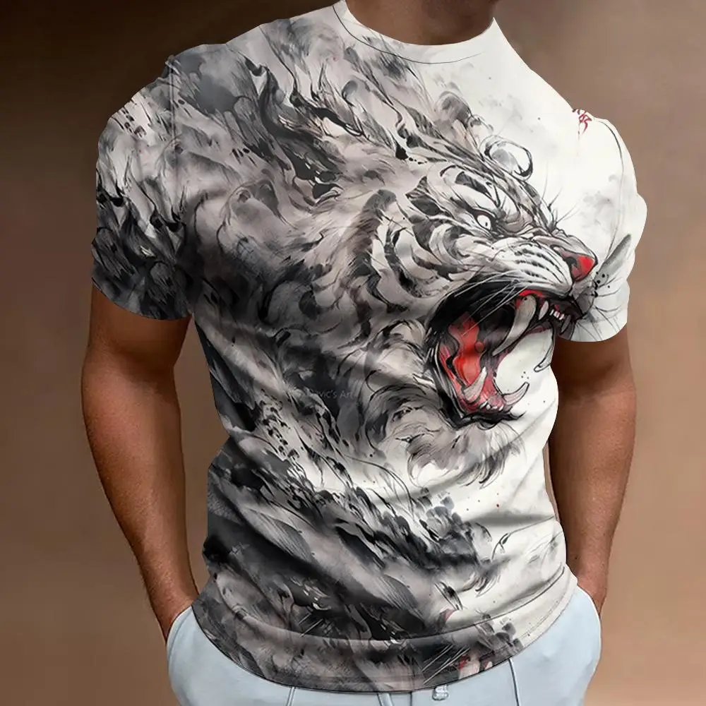 

New 3d Fierce Tiger Print Men's T-Shirt Fashion Trend Man Clothing Retro Loose Oversized Short Sleeve T-Shirt For Men 2024 Tees