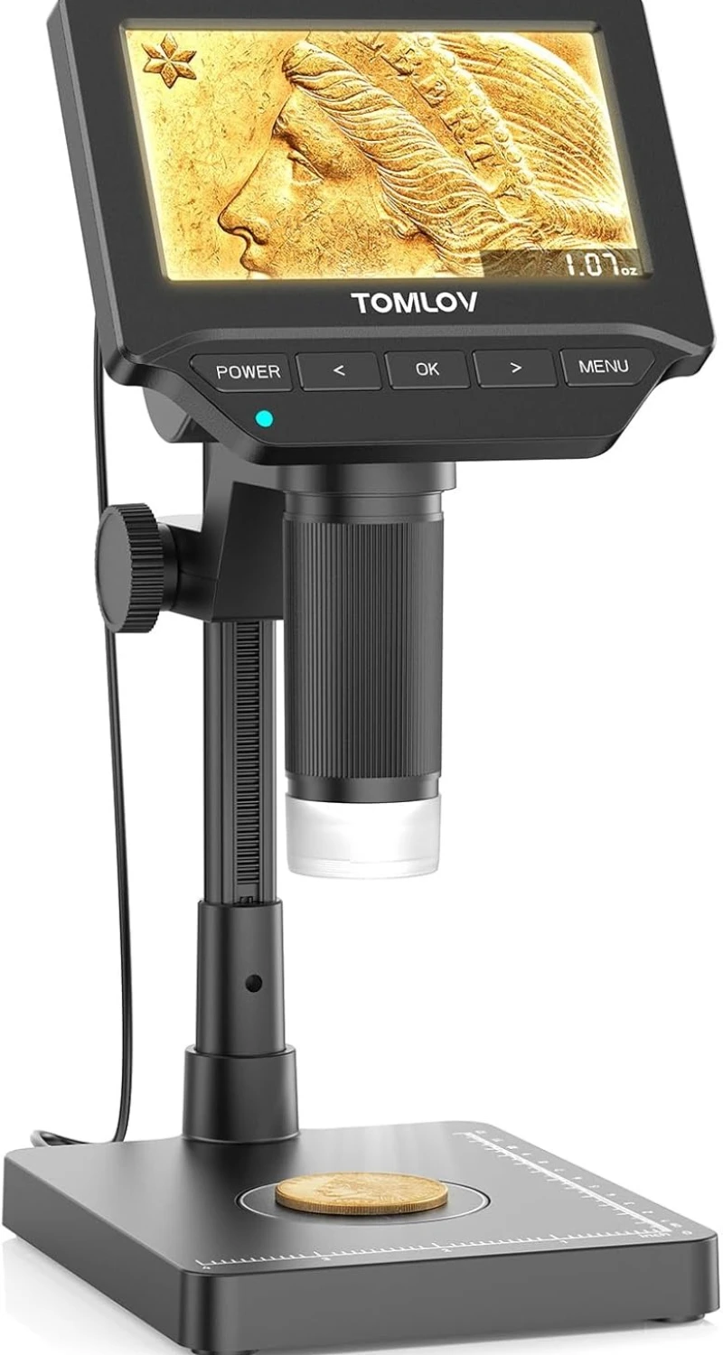 

Микроскоп TOMLOV DM4W, 200-кратный зум с весами, 4,3-дюймовые цифровые микроскопы для монет, лупа для монет для коллекционеров, ювелиров