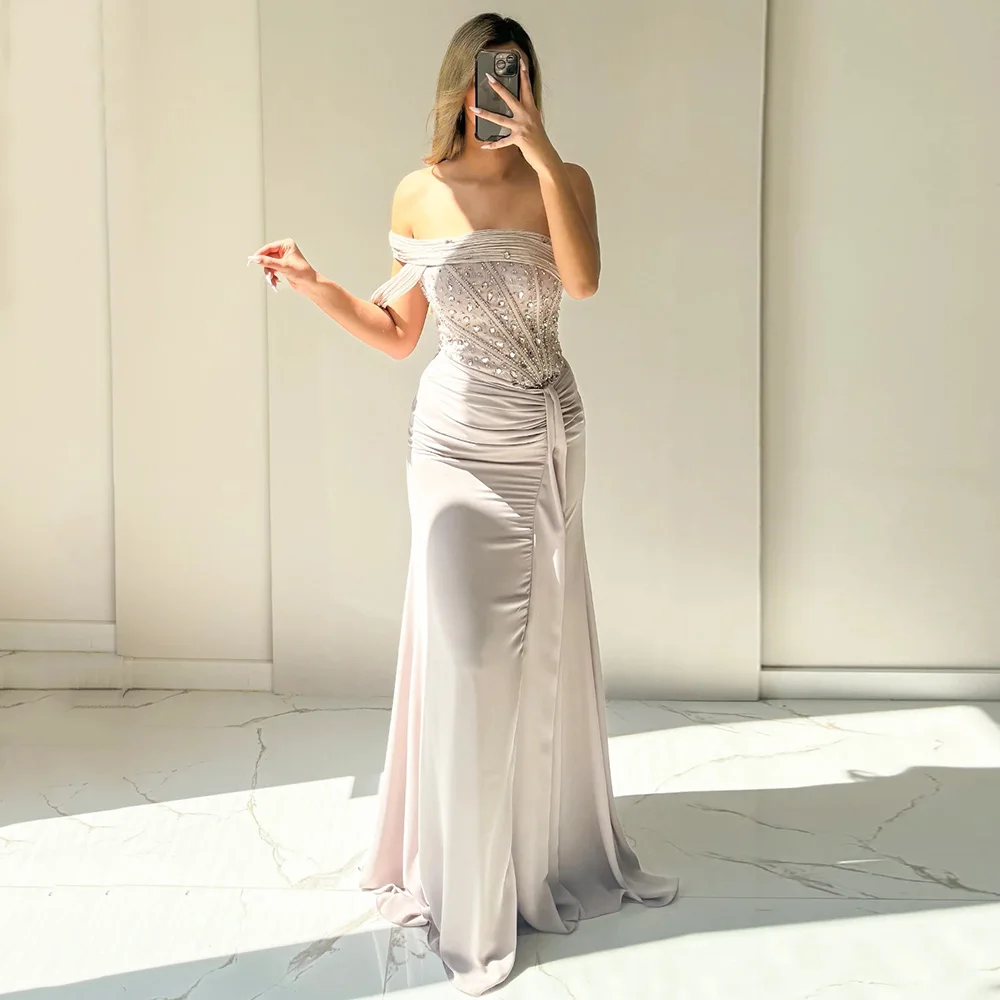 Sexy Straight Off the Shoulder Evening Dress Customized Pleats Sleeveless Crystal Strapless Party Gowns فساتين سهرات