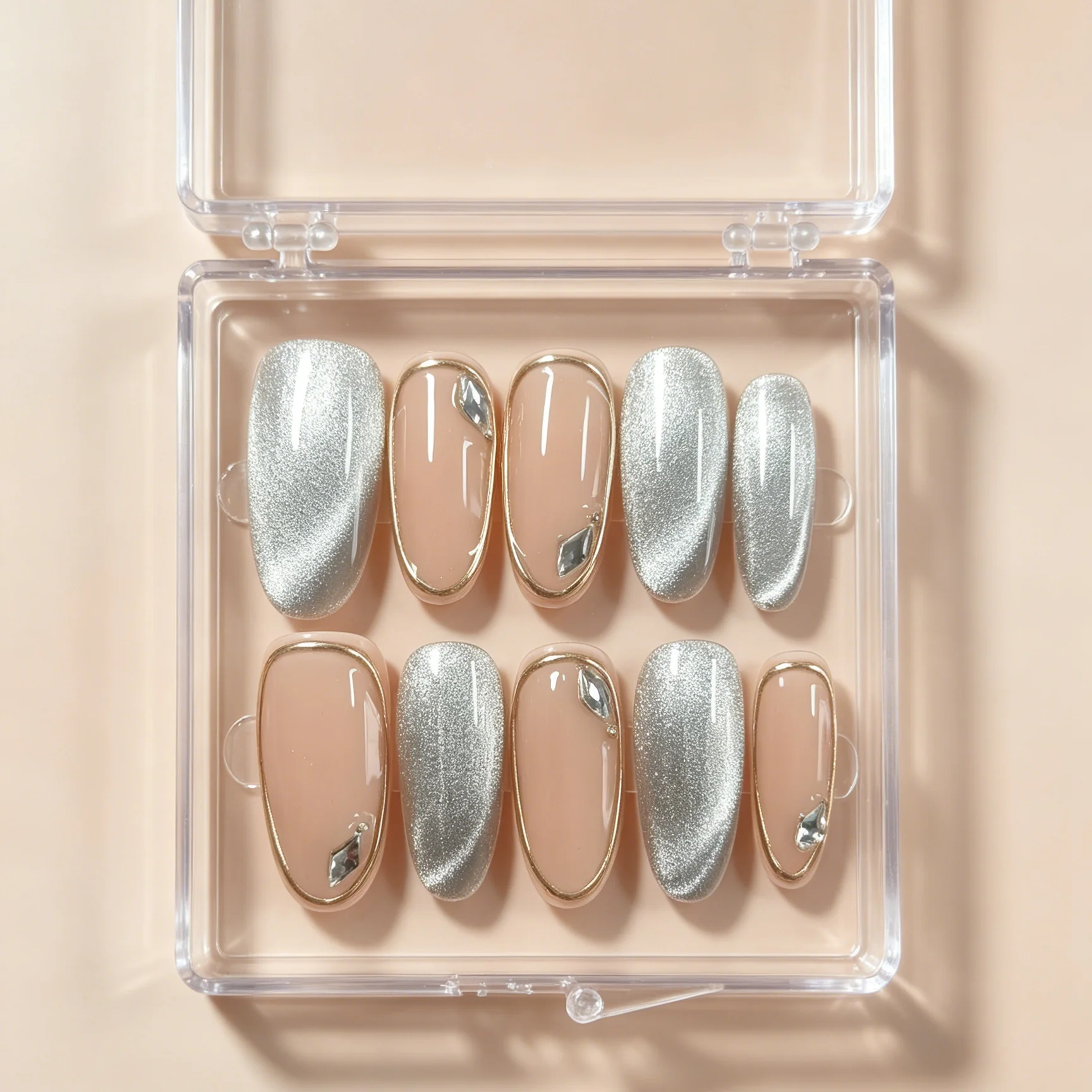10 Pieces of Hand Pressed Almond Shaped Nails, Beautiful Fake Nails, Bare Skin Silver Cat Eye Gold Border, Suitable for Women