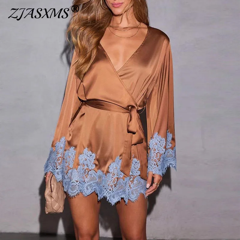 Sexy Chic Braun Spitze Satin Frauen Kleid Frühling Tiefem V-ausschnitt Hohl Mini Kleid Herbst Langarm Schärpen Homewear Nacht Kleid Mujer