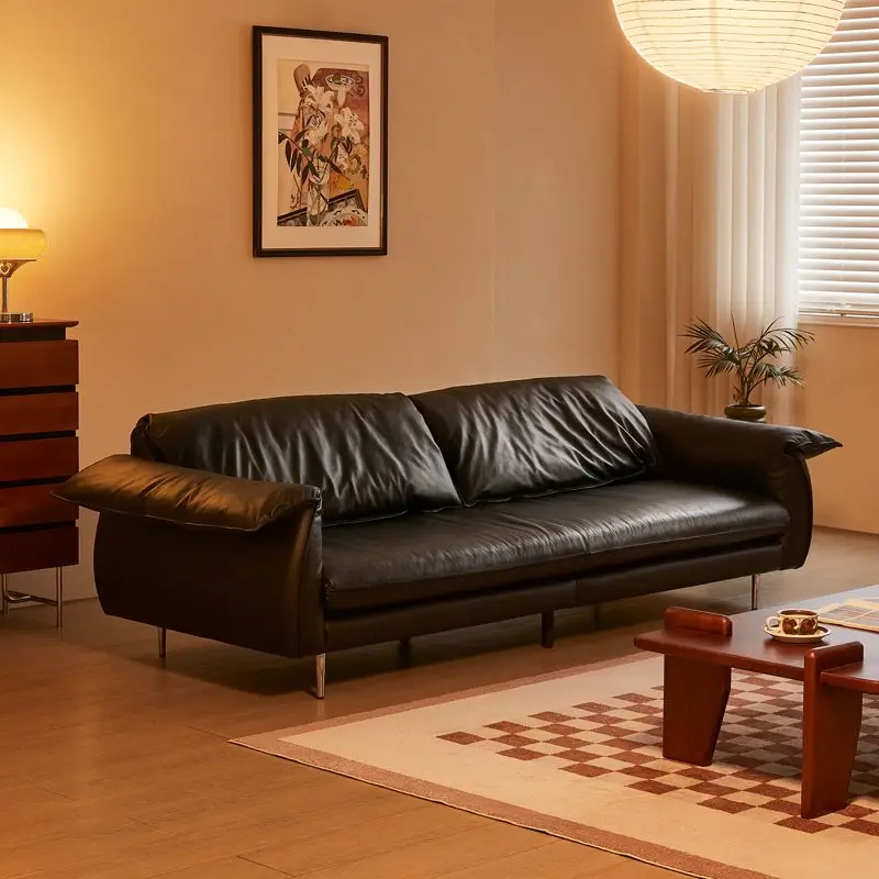 

Retro style oil wax leather, first layer cowhide living room three people, straight row elephant ear sofa