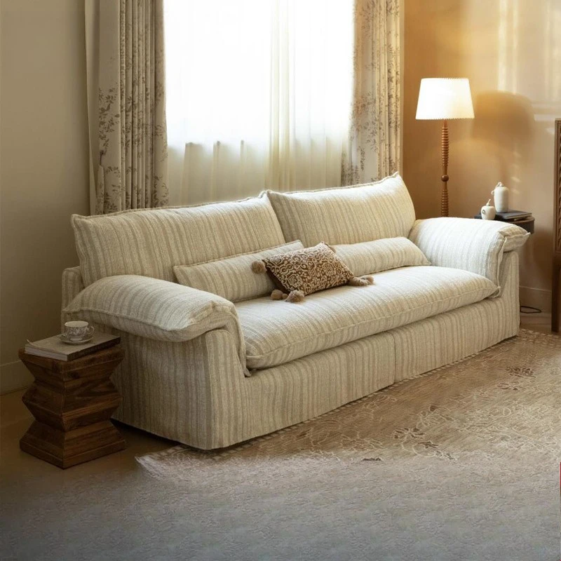 

Sofa living room retro French cotton and linen fabric straight row small apartment three-person removable and washable sofa