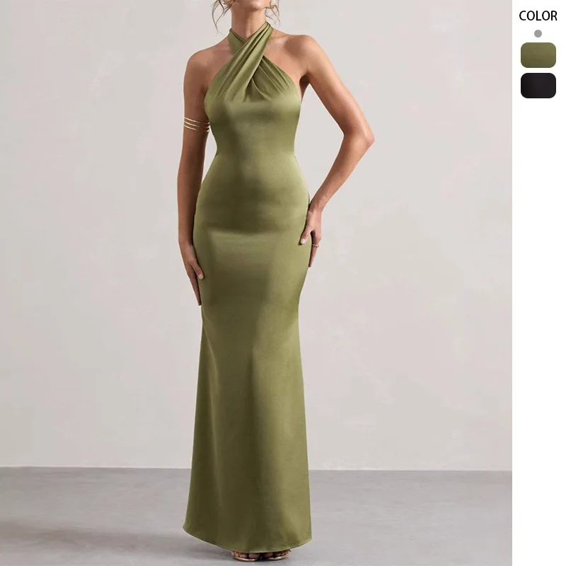 

FIGOHR Summer Women's Elegant Solid Satin Mermaid Dress Halter Formal Dress Female Sexy Backless Mermaid Dress 2 Color