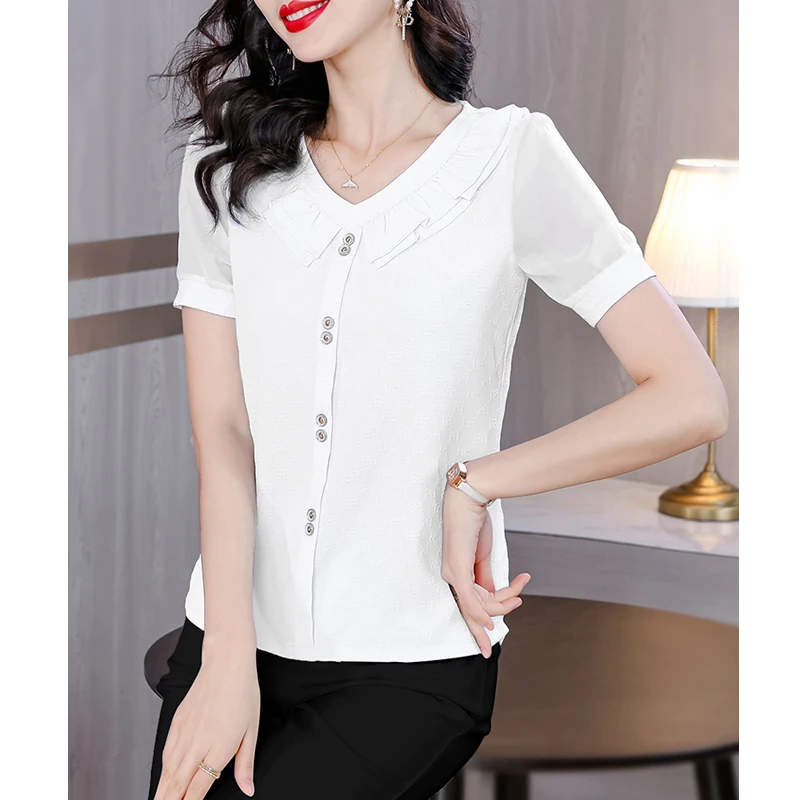 2024 Summer Women Korean Fashion Ruffle Elegant Blouse Office Lady Casual Short Sleeve Chic Shirts V Neck Solid Slim Tops Blusas