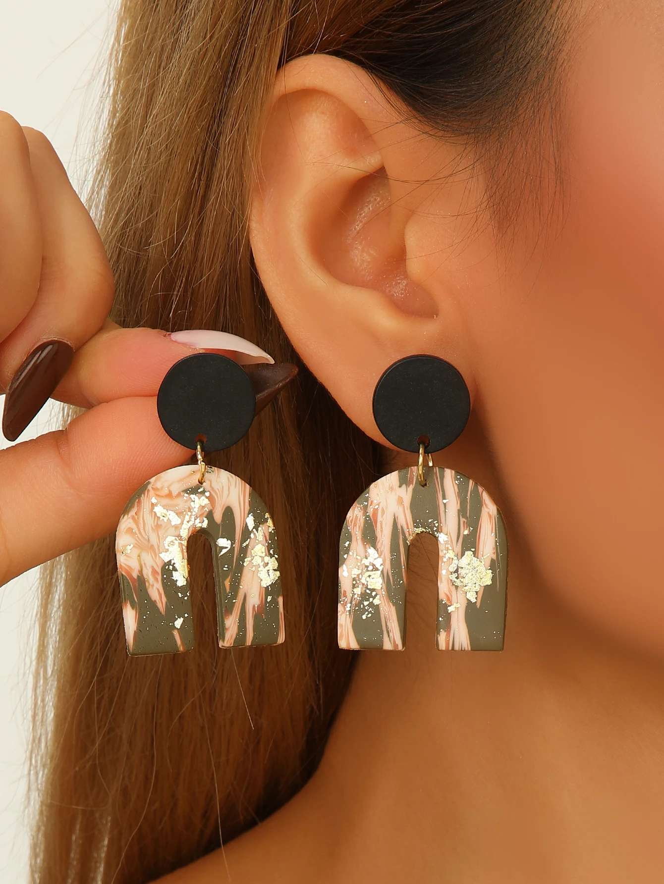 Boho Geometric Polymer Clay Earrings Lightweight Handmade Womens Arch Round Abstract Print Camo Speckle Gold Foil Dangle Jewelry
