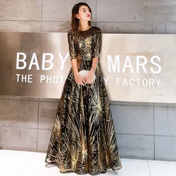 Fashion Charm Wedding Bridesmaid Robe De Soiree Evening Dress 2022 Gold Sequined Crystal O-Neck Black Floor-length Dinner Gowns
