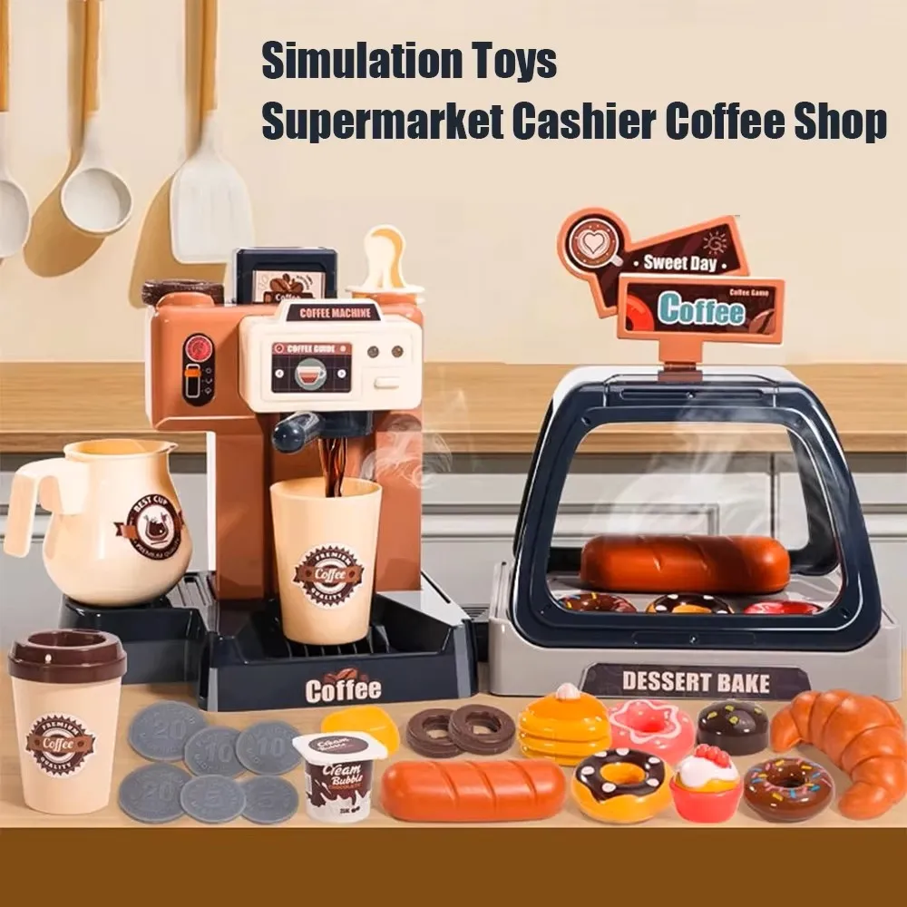 Pretend Play Shopping Cash Register Toys For Kids 3 In 1 Coffee Machine Toy Set Kitchen Toys Simulation Food Bread Coffee Cake