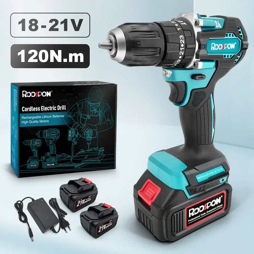 RDDSPON cordless drill 21v 10mm brushless motor 120N/M screwdriver drill high torque lithium battery power tool with battery