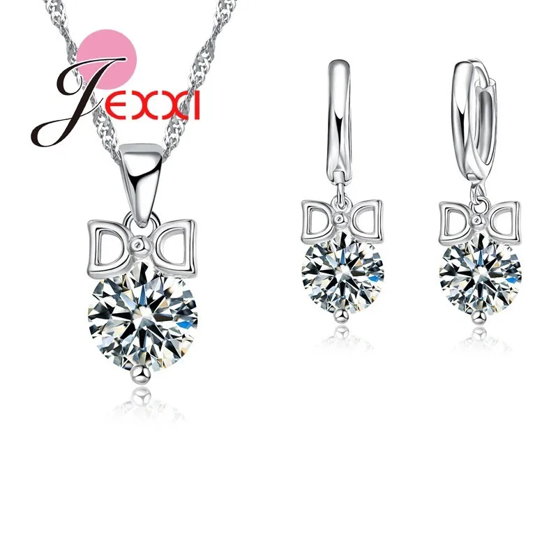 Ladies Favorite Sweet Bowknot Pendant Necklace Earrings Set Fashion Women 925 Sterling Silver Jewelry Set Crystal Chain Choker