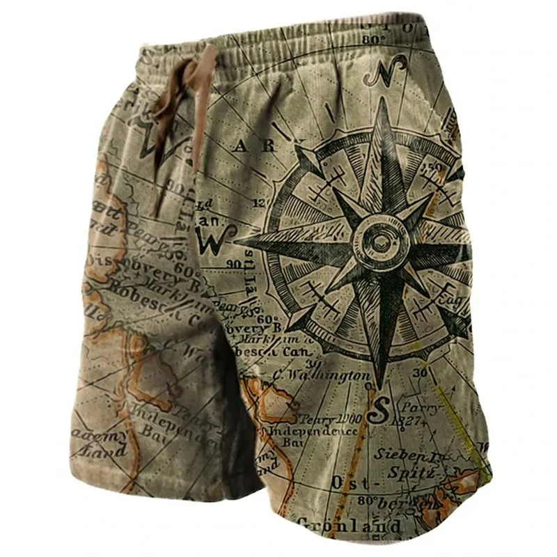 Men\'s Beach Shorts Compass Pattern 3D Retro Printed Shorts Men\'s Summer Breathable Drawstring Shorts Fitness Street Shorts