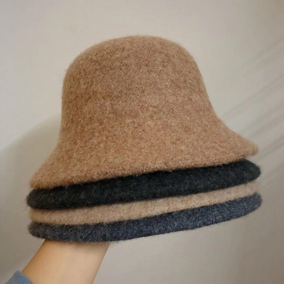 New Pure Wool Women's Bucket Hat Korea Fashion Vintage Fisherman Panama Cap Autumn Winter Warm Soft Foldable Wollen Chapeau Hats