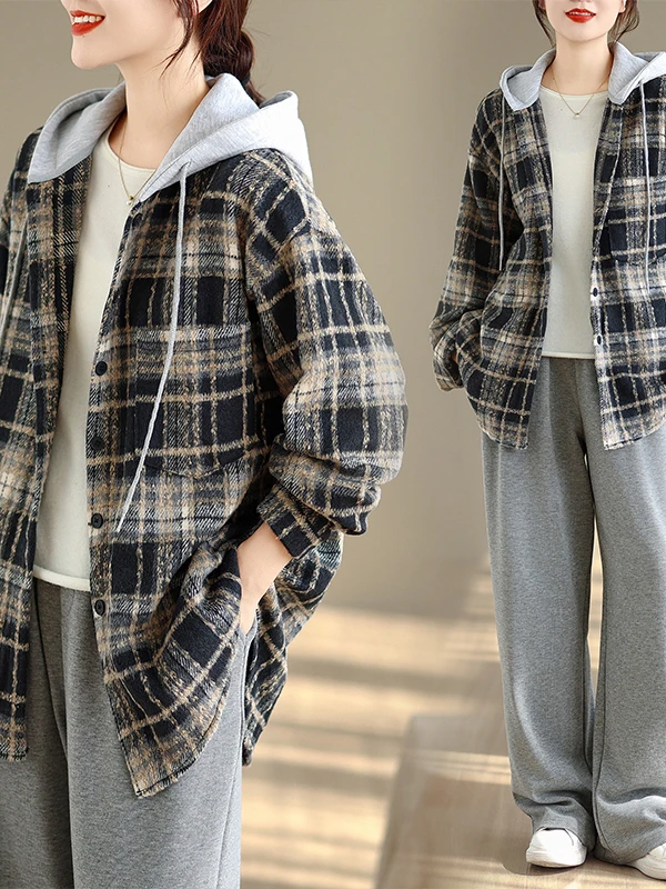 Retro Hong Kong Sle Women's irt Coat Hooded Loose Long Sve Thiened Versatile Outerwear Comfortable Fit Winter Coat