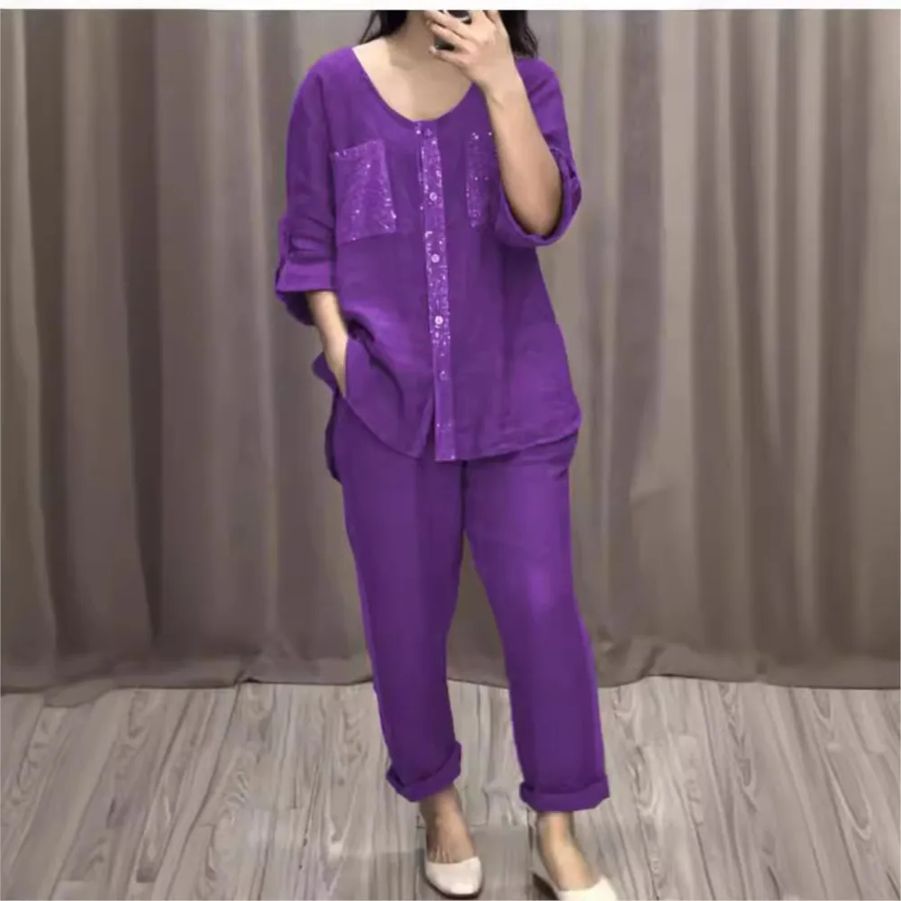 Camicia tascabile casual di colore moda Abito da donna Primavera Autunno Pantaloni slim con maniche a sette punti Tinta unita Set da 2 pezzi per