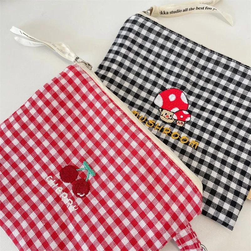 Korean Style Cherry Cosmetic Bag Large Capacity Toiletry Organizer Plaid Makeup Bags Pouch Stationery Bag Canvas Coin Purse